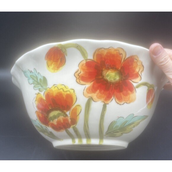 Maxcera WATER POPPY Orange Yellow Green Flower Large Scalloped Serving Bowl 12” - Picture 7 of 8
